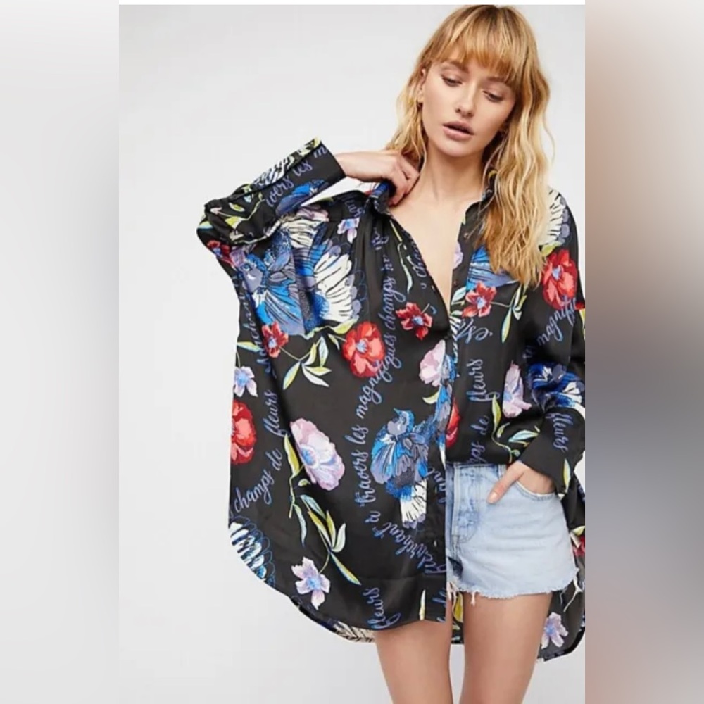 Free People Black Silky Nights Floral High Low Blouse
